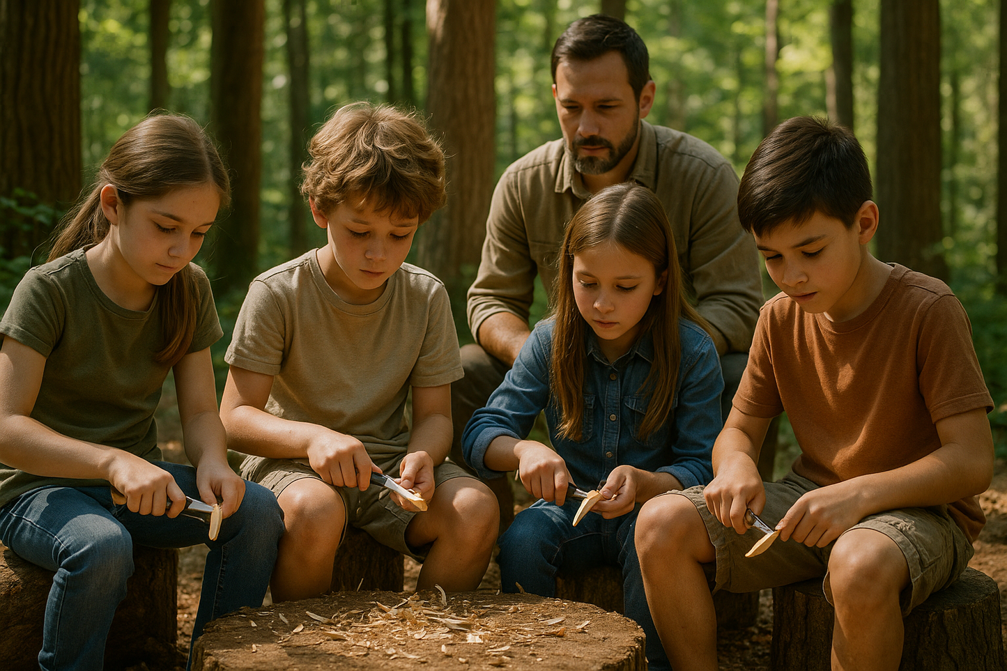 show realistic woods and kids about ages 8-12 whittling wood