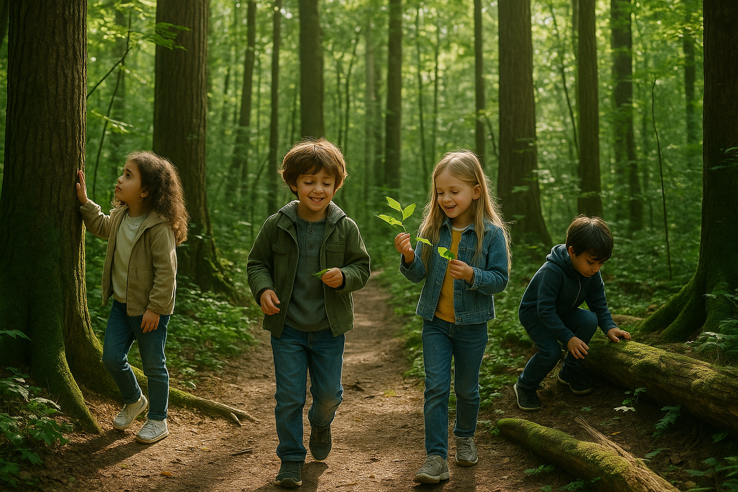 realistic woods, with kids about ages 6-10 exploring